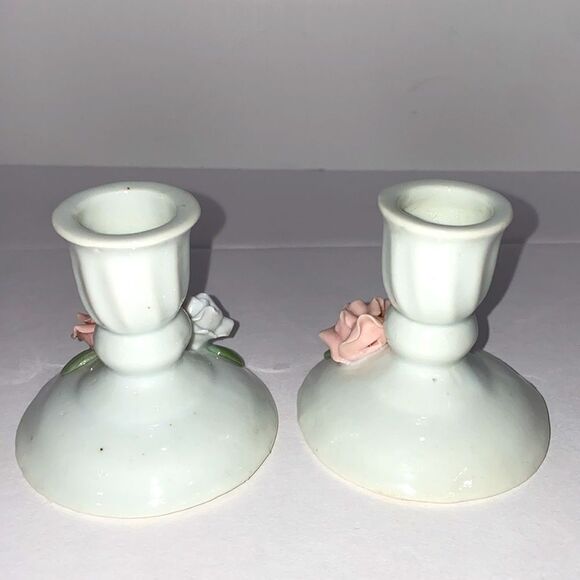 Vintage Porcelain Small Candle Stick Holders With Hand Painted Rose Design - Picture 5 of 12